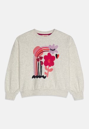 Sweat-shirt gris clair avec un graphisme coloré représentant des fleurs abstraites, un arc-en-ciel et un cœur en nuances de rose, rouge, violet et noir.
