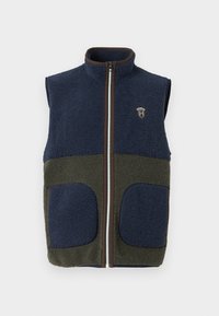 Námornícky a olivovo zelený fleecový vest s predným zipsom, dvoma prednými vreckami, vysokým golierom a malým vyšívaným logom na hrudi.