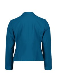 Blazer bleu sarcelle ajusté avec manches longues, coutures sur mesure et fente arrière, présenté de dos sur fond blanc.