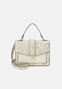 Beige schoudertas met slangenprint, met een gestructureerd ontwerp, een gladde textuur, zwarte accenten en gouden hardware. Inclusief een handvat aan de bovenkant en een afneembare schouderband.