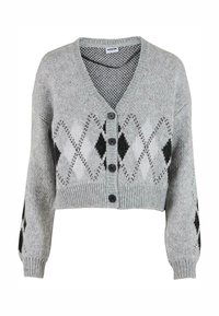 Sivkasta skrajšano jopico z V-izrezom, sprednjim gumbom in diamantskim vzorcem v črni in beli barvi. Narejena iz strukturirane pletenine, z ribastimi manšetami.