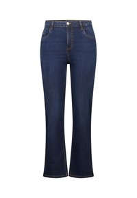 Donkerblauwe spijkerbroek met flared model en een hoge taille, zichtbaar stiksel, voorzakken en een metalen knoopsluiting bij de taille.