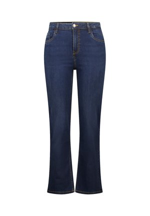 Donkerblauwe spijkerbroek met flared model en een hoge taille, zichtbaar stiksel, voorzakken en een metalen knoopsluiting bij de taille.