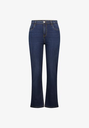 Donkerblauwe spijkerbroek met flared model en een hoge taille, zichtbaar stiksel, voorzakken en een metalen knoopsluiting bij de taille.