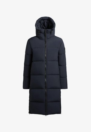 Lang, mørk marineblå polstret frakke med høj krave, fastgjort hætte, fuld front lynlås og lange ærmer.