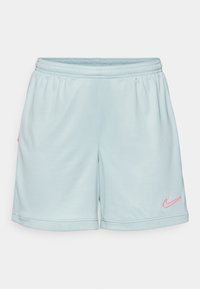 Lichtblauwe sportshorts met een elastische tailleband, een meshstructuur en een roze Nike-logo aan de linkerkant. Eenvoudig ontwerp en knielange snit.