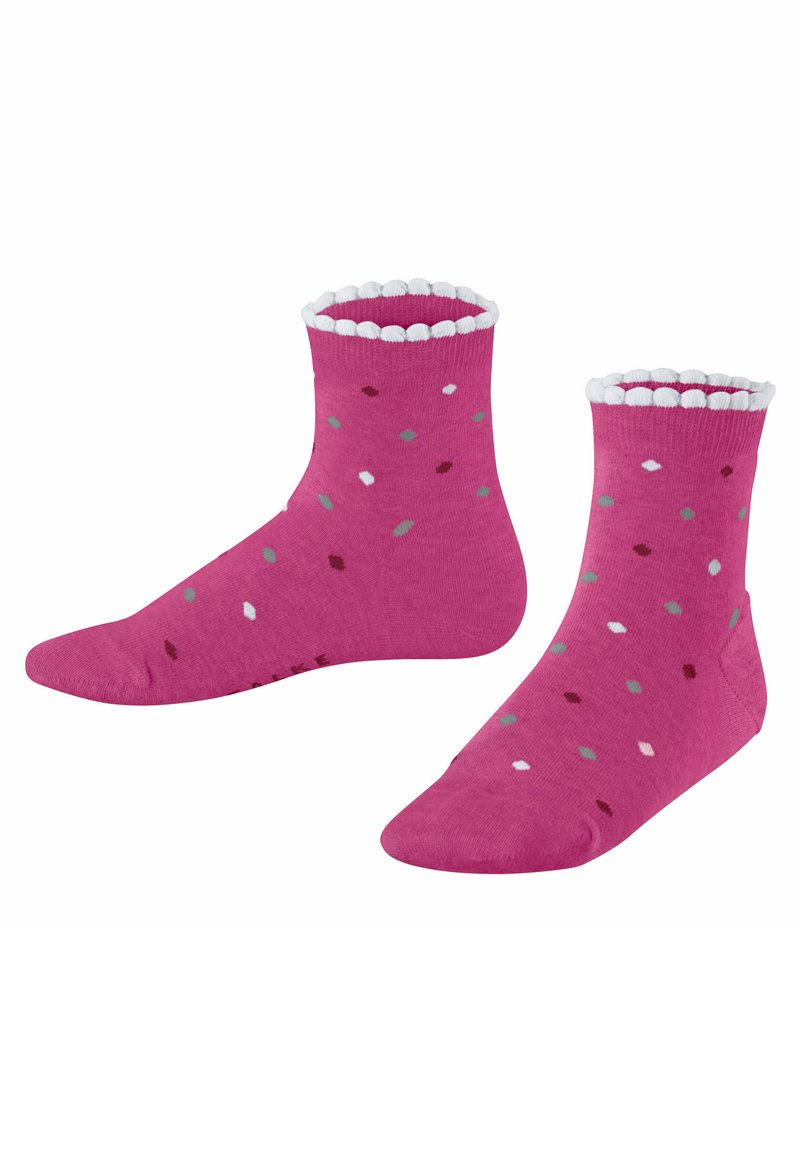 Fuchsia enkelsokken met witte golvende manchetten, voorzien van een patroon van meerkleurige stippen in grijs, wit en bordeauxrood op een roze achtergrond.
