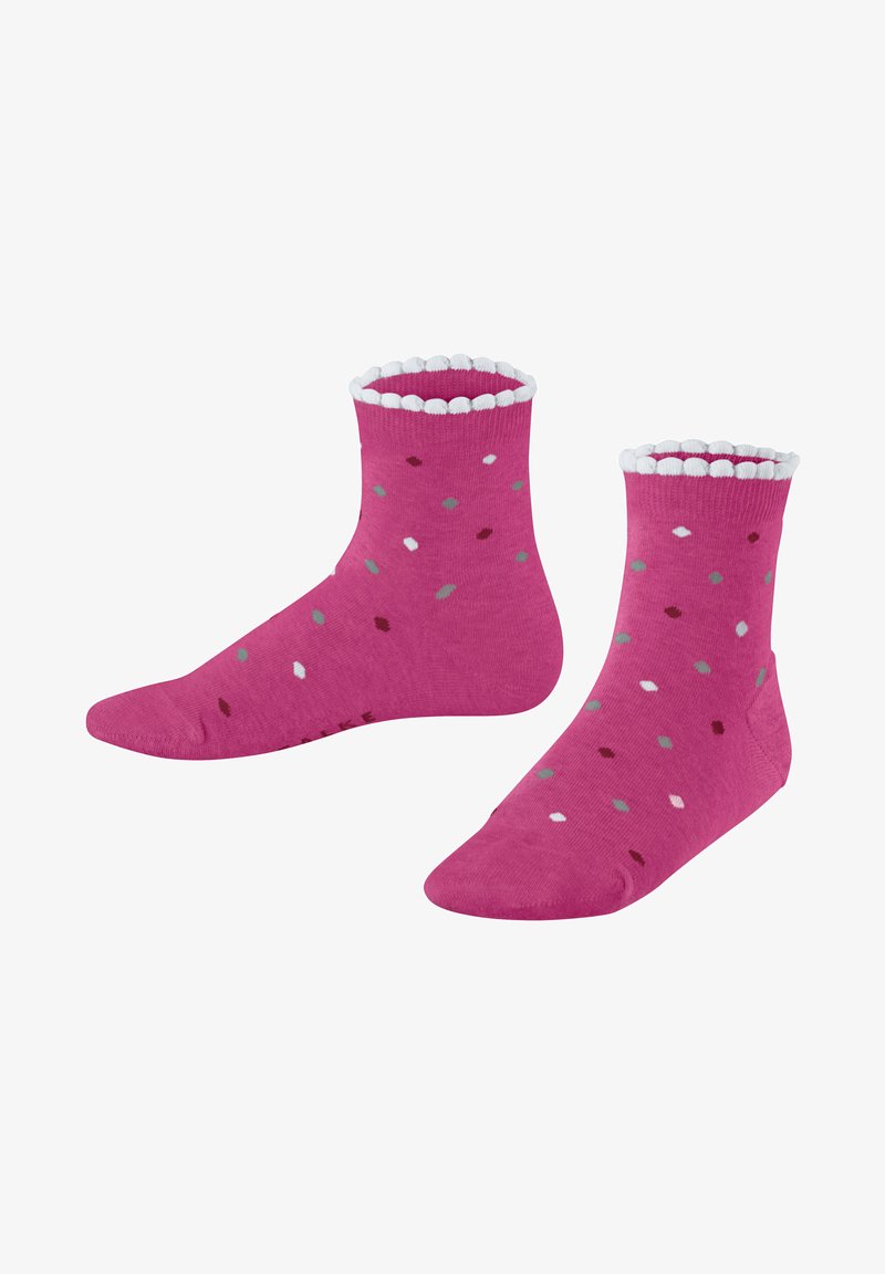 Fuchsia ankle socks with white scalloped cuffs, featuring a pattern of multicolored dots in grey, white, and burgundy on a pink background.