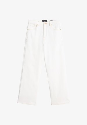 Witte jeans met rechte pijpen, vijf zakken, knoopsluiting en riemlussen, plat weergegeven op een witte achtergrond.