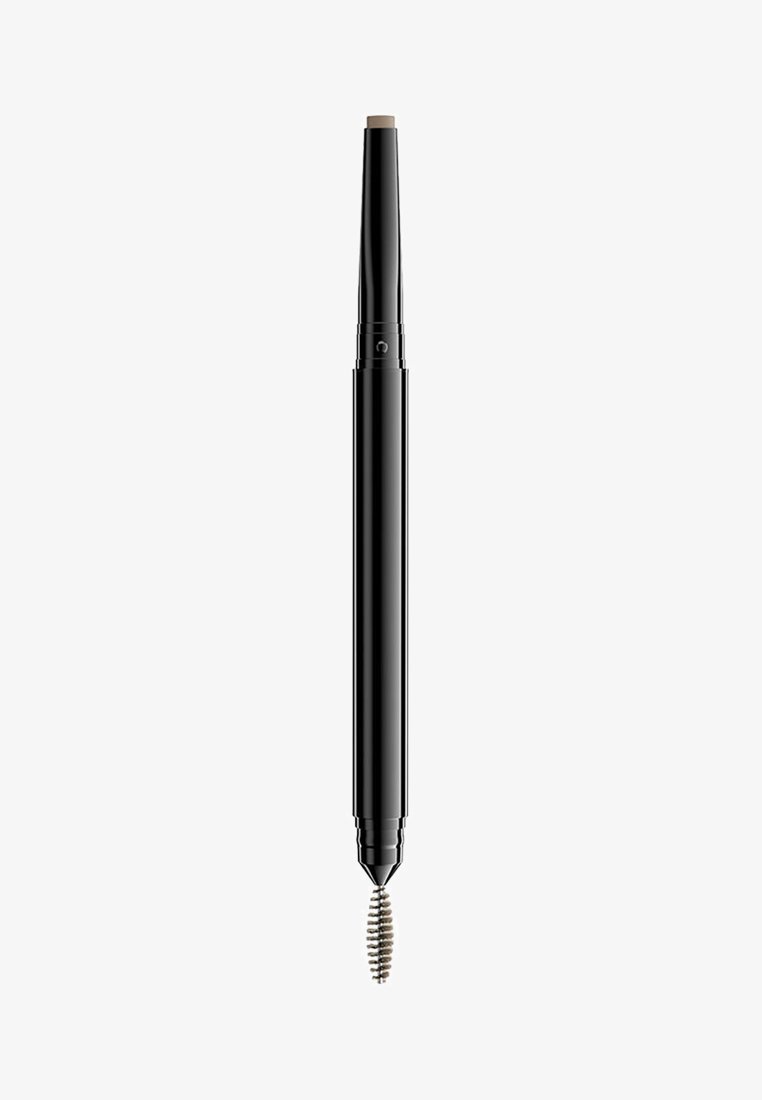 Schwarzer, ausziehbarer Augenbrauenstift mit feiner Spitze für präzise Anwendung. Enthält einen Spiralpinsel am anderen Ende zum Verblenden.