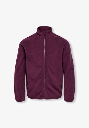 Veste polaire violette à manches longues avec fermeture éclair intégrale sur le devant et col montant, avec un logo "only" discret sur la poitrine gauche.