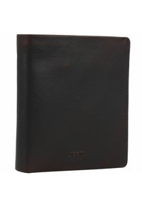 Portefeuille en cuir brun avec une texture lisse, design pliant en deux et un logo en relief subtil à l'avant. Présente des coutures nettes et un style minimaliste.
