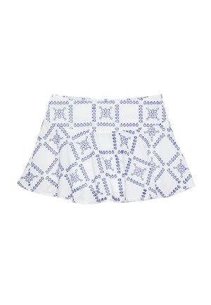 Witte rok met een uitlopende vorm, voorzien van blauwe geometrische patronen en lijnen. Gemaakt van lichtgewicht stof.