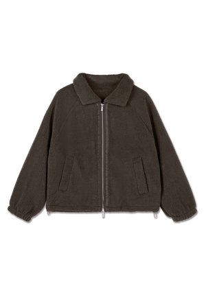 Tamno siva flis jakna s ovratnikom, prednjim zatvaračem, dva bočna džepa i elastičnim manžetama. Teksturirana površina, opušteni kroj i čvrsta izrada.