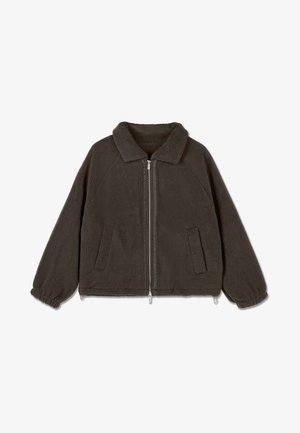 Tamsiai pilkas fliso džemperis su apykakle, priekiniais užtrauktukais, dviem šoniniais kišenėmis ir elastingomis rankogaliais. Strukturinė paviršius, laisvas kirpimas ir tvirta konstrukcija.