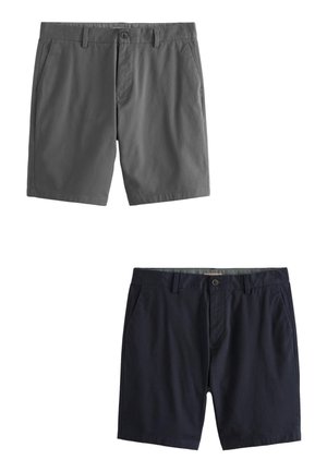 Grijze en marineblauwe shorts van katoen. Kenmerken zijn een knoopsluiting, zijzakken en een rechte snit.