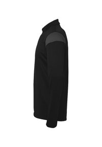 Zwarte lange mouwen pullover met een hoge kraag en grijze schouderaccenten; gemaakt van zachte stof met een structuurafwerking; aansluitende vorm.