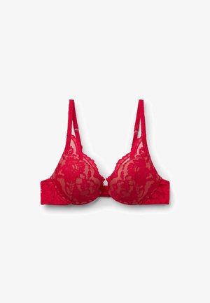 Červená krajková podprsenka s průhlednou síťovinou a květinovým vzorem. Obsahuje nastavitelné ramínka a zapínání na háček a očko. Hladká, strukturovaná tkanina.