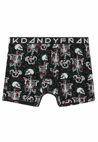 Boxer neri con un motivo di scheletri bianchi e rose rosse su uno sfondo verde scuro. Vita elastica con testo del logo.