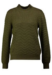 Maglione a maglia verde oliva con colletto alto a girocollo, caratterizzato da un motivo ondulato e polsini e orlo a coste. Tessuto morbido e testurizzato.