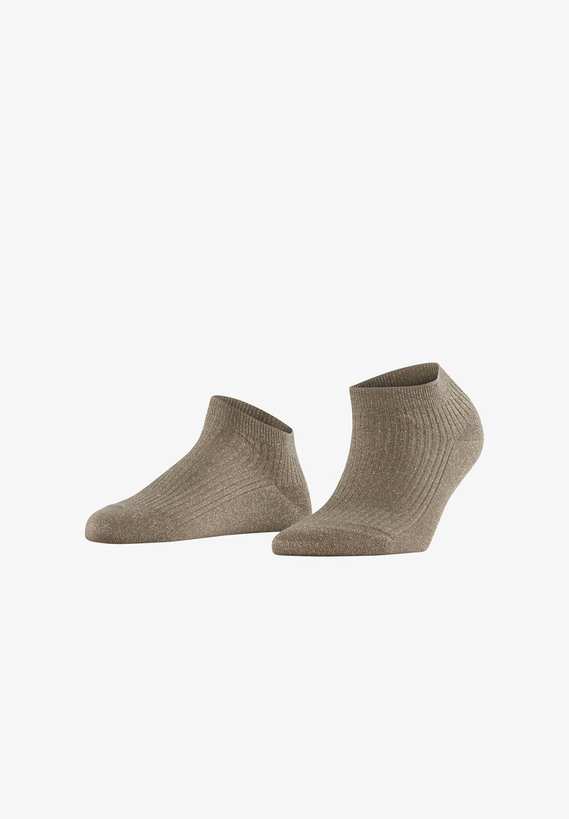 Paire de chaussettes basses marron côtelées avec détails en fil métallisé, présentées sur des formes de pieds invisibles sur fond blanc.