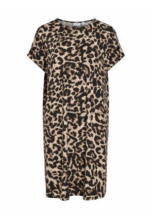 Leparda raksta kleita ar īsām piedurknēm, izgatavota no mīksta auduma. Tai ir brīvs, relaksēts piegriezums un noapaļota kakla izgriezums. Krāsas ietver bēšu, melnu un brūnu.