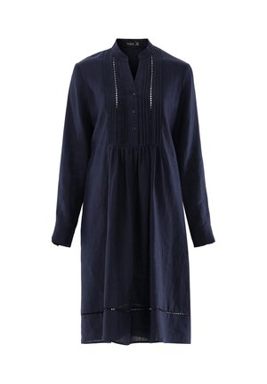 Marineblaues, langärmeliges, knielanges Kleid mit Stehkragen, durchgeknöpfter Vorderseite, Biesen und Spitzenbesatz am Oberteil und Saum.