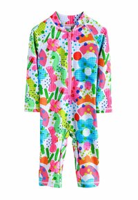 Långärmad rash guard med ett färgglatt blommönster och abstrakt mönster, med rosa, blå, grön och orange nyanser samt en framtill placerad dragkedja.