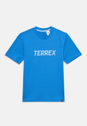 Μπλε κοντομάνικο T-shirt Adidas Terrex με στρογγυλή λαιμόκοψη και λευκό λογότυπο Terrex στο κέντρο του στήθους.
