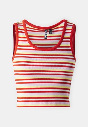 Rdeča in bela črtasta majica brez rokavov z rumenimi poudarki, izdelana iz rebraste tkanine; ima okroglo izrezovanje in široke naramnice.