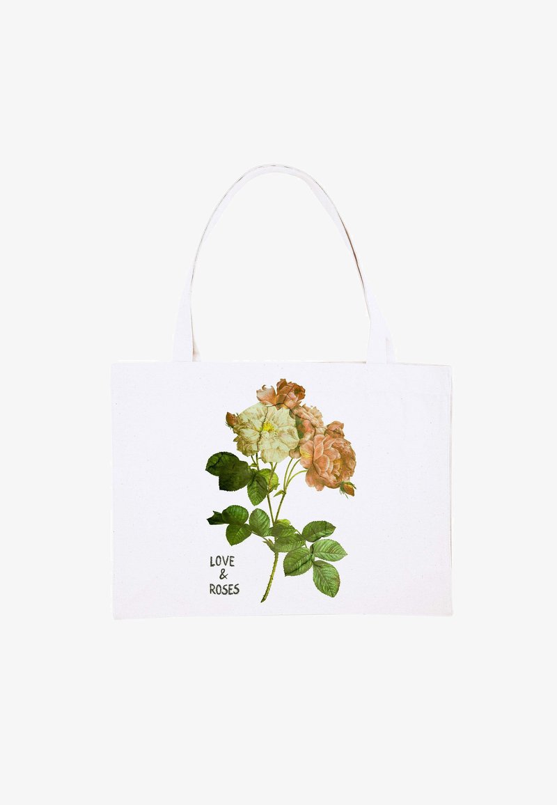 Sac en toile blanc avec des roses roses et crème imprimées ainsi que des feuilles vertes, portant le texte "AMOUR & ROSES" en noir.