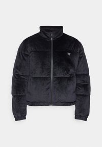 Giacca a vento nera con colletto alto, design trapuntato, texture morbida, chiusura con zip e un piccolo logo sul petto.