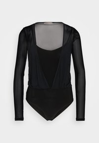 Black bodysuit with long sheer sleeves, deep V-neck design, and a fitted texture featuring a smooth inner layer.