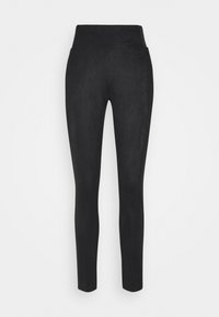Leggings neri elasticizzati realizzati in morbido tessuto testurizzato. Vita alta senza cuciture visibili, silhouette aderente, che si restringe verso le caviglie.