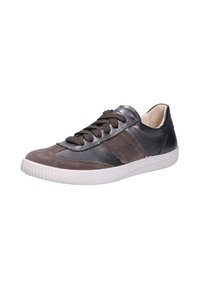 Men’s casual sneaker in dark gray leather and suede with black laces and white rubber sole, angled left on white background.