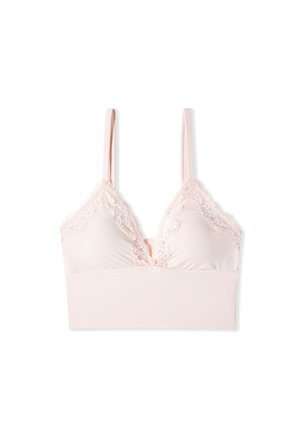 Sanftes rosa Bralette mit dünnen, verstellbaren Trägern und Spitzenbesatz entlang der oberen Kanten der Cups.
