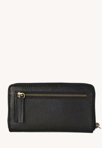 Portefeuille en cuir noir texturé avec poche zippée à l'avant et languettes en cuir noir sur les deux fermetures éclair.