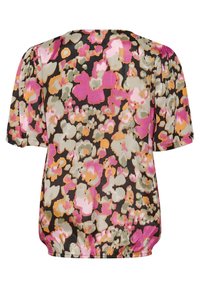 Blusa a maniche corte con un motivo floreale nei toni di rosa, arancio e grigio su uno sfondo nero; tessuto testurizzato con orlo arricciato.