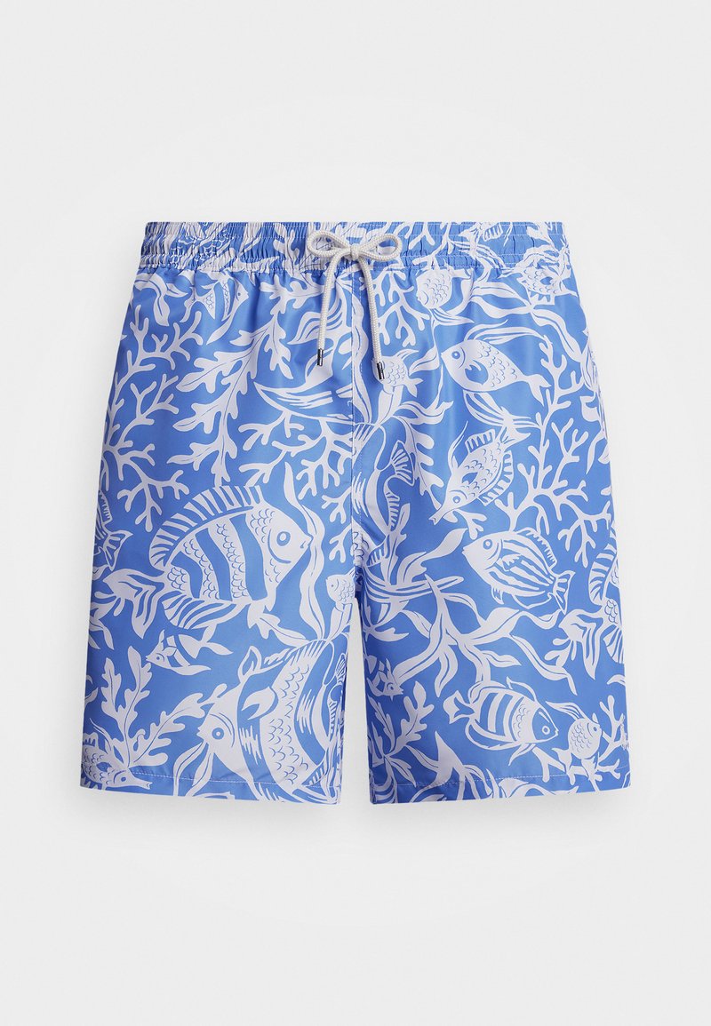 Simshorts i ljusblått tyg med mönster av vita fiskar och koraller, elastisk midja med snodd och en avslappnad passform.