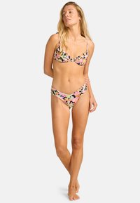 Bikini set featuring a floral pattern with pink, black, and yellow accents. The top has underwire support, and the bottoms are v-shaped.