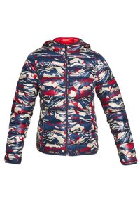 Gewatteerd jack met een capuchon, uitgevoerd in een blauw, rood en crème camouflagepatroon, glanzende textuur en een centrale ritssluiting.