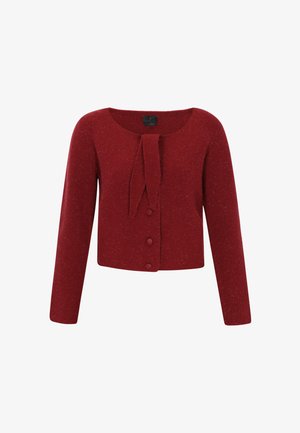 Rød cardigan lavet af tekstureret strikstof, med en rund halsudskæring, lange ærmer, knapper foran i midten og et bundet accent ved halsen.