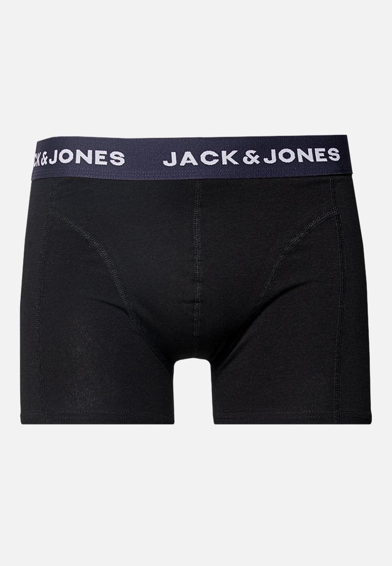 Schwarze Boxershorts für Herren mit genähten Nähten und einem schwarzen Bund, der in weißen Buchstaben mit "JACK & JONES" versehen ist.