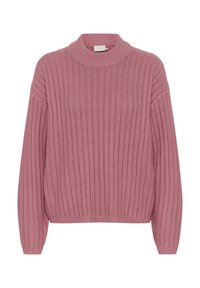 Pink knitted sweater with ribbed pattern, high neckline, and dropped shoulders. Soft texture with a relaxed fit and cropped hem.