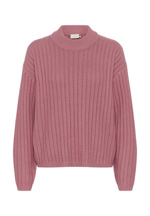 Pink knitted sweater with ribbed pattern, high neckline, and dropped shoulders. Soft texture with a relaxed fit and cropped hem.