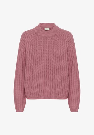Pink knitted sweater with ribbed pattern, high neckline, and dropped shoulders. Soft texture with a relaxed fit and cropped hem.