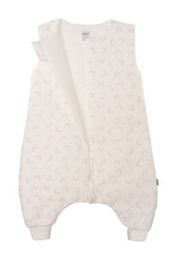 Weißer Schlafsack für Babys mit einem leichten Regenbogenmuster, aus weichem Stoff, einem Reißverschluss an der Vorderseite und elastischen Bündchen an Knöcheln und Handgelenken.