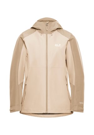 Beige waterdichte jas met een volledige rits, verstelbare capuchon, gladde textuur en zijzakken. Merkembleem gepositioneerd op de linkerborst.