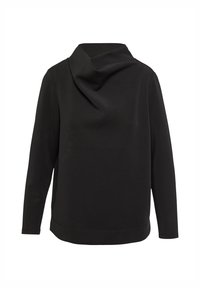 Schwarzes Langarmoberteil aus weichem Stoff, mit einem Schalkragen und einem lässigen Schnitt. Einfaches Design ohne sichtbare Muster oder Beschläge.