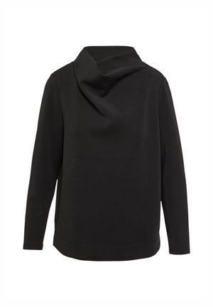 Haut à manches longues noir en tissu doux, avec un col drapé et une coupe décontractée. Design simple sans motifs ni éléments métalliques visibles.